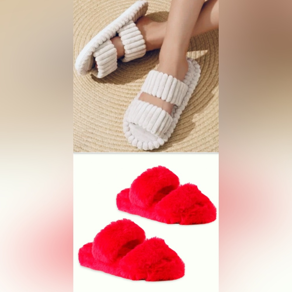 Lot of 2x NEW Furry Soft Double Strap Slip-On Slide Slippers Women’s Sz 10/11 - Picture 2 of 10